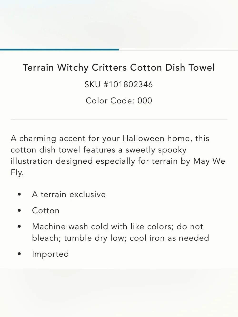 Anthropologie Terrain Witchy Critters Cotton Dish Towel Halloween NEW